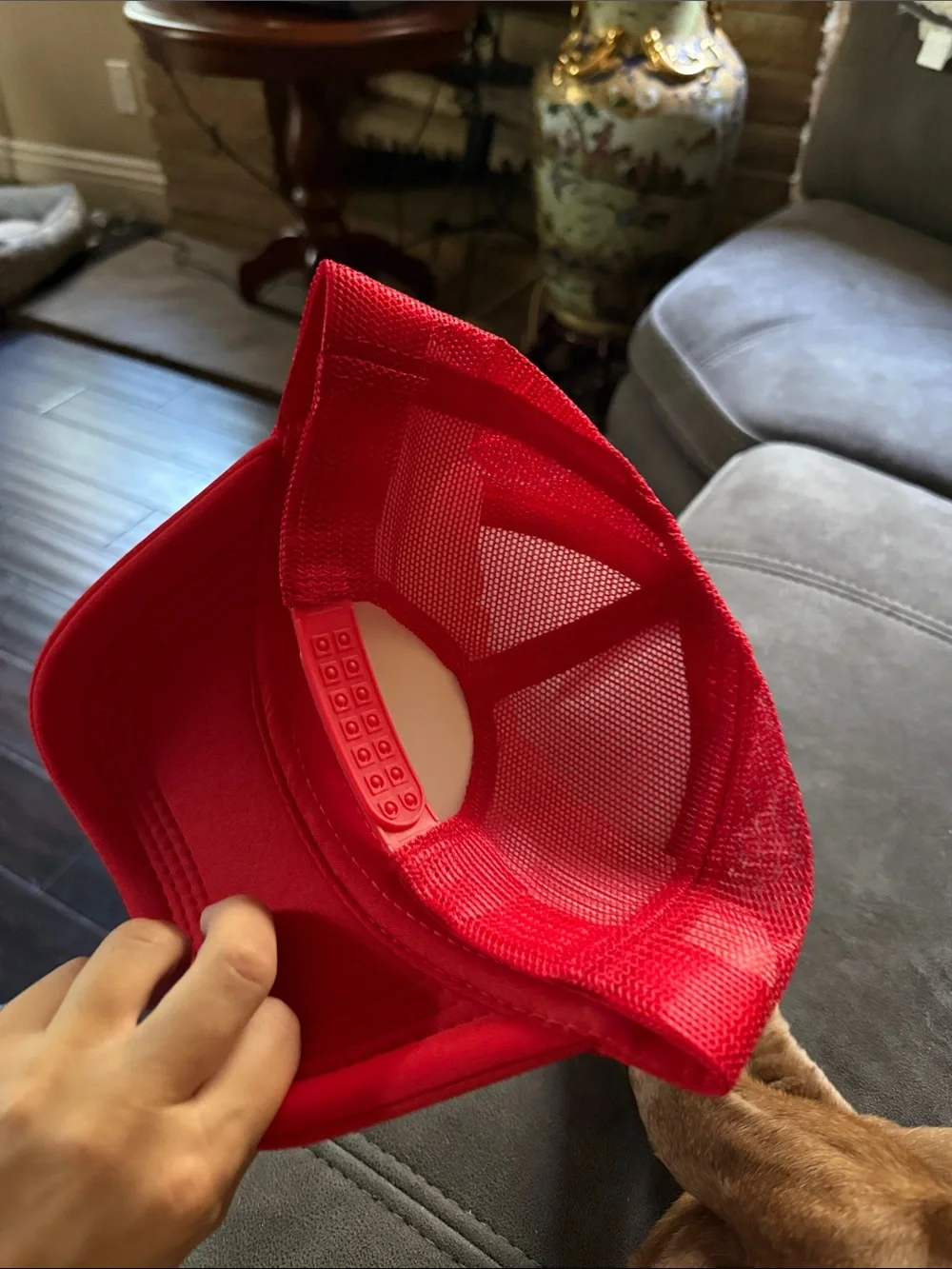 Red and White Mesh Trucker Hat with Goldfish Patch unisex kids or adults
